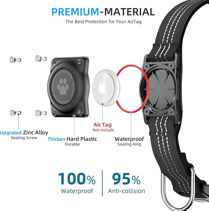 Upgraded AirTag Dog Collar, IP68 Waterproof Air Tag Dog Collar Holder, Reflective, Ultra-Durable, Comfortable Padded, Heavy Duty Dog Collars for Small Medium Large Dogs (XS (10.25"-13"), Black)