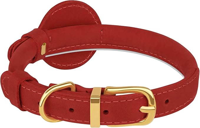 OOPSDOGGY Rolled Leather Dog Collar with Airtag Holder - Reflective Round Airtag Dog Collar - Soft Tracking Pet Collar for Small Dogs Puppy Cats Kitten (Red, M, 12"-15")