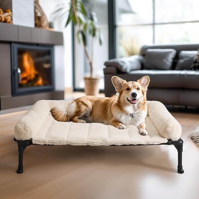 Veehoo Cooling Elevated Dog Bed with Fluffy Plush Bolster Cushion, Indoor Raised Dog Beds for Large Dogs, Soft Pet Sofa Cot with Removable Washable Mat, No-Slip Feet, 32 x 25 inches, Cream White