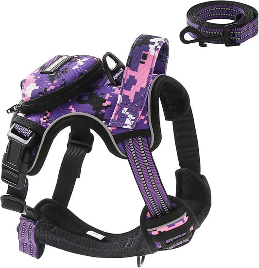 No Pull Dog Harness for Medium Dogs, Adjustable No Choke Pet Vest with Dog Leash Fit Smart Reflective Pet Walking Harness for Training Easy Control Soft Handle Purple Camo M