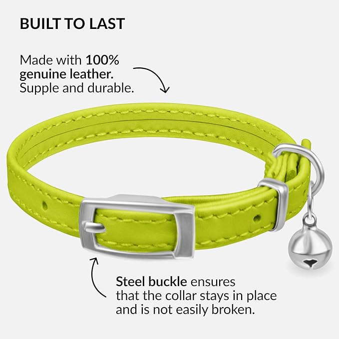 CollarDirect Leather Cat Collar with Bell - Kitten Collar, Small and Big Cat Collar for Boy Cats, Girl Cats with Safety Elastic Strap (Neck Fit 6"-7", Lime Green)