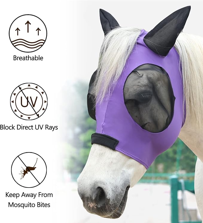 Horse Fly Mask with Ears - Large Eye Space for Full Vision, Breathable Stretch Comfort Fit, UV Protection, Forelock Opening, Easy Pull-On Violet Full