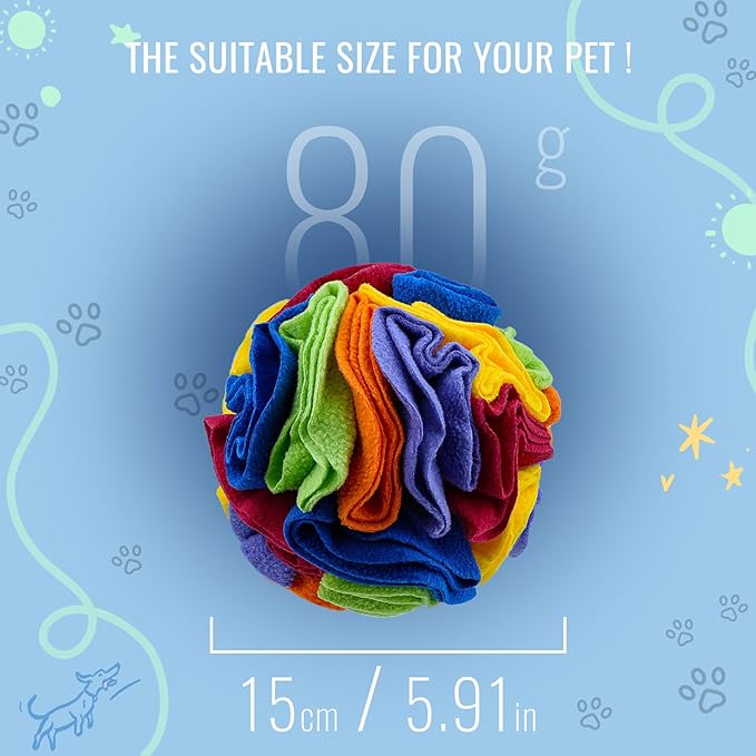 Pet Snuffle Ball, Puzzle Sniffing Interactive Dog Ball for Blind Dogs Training Stress Relief Dog Enrichment Toys Treat Machine Washable (15cm, Rainbow Color)