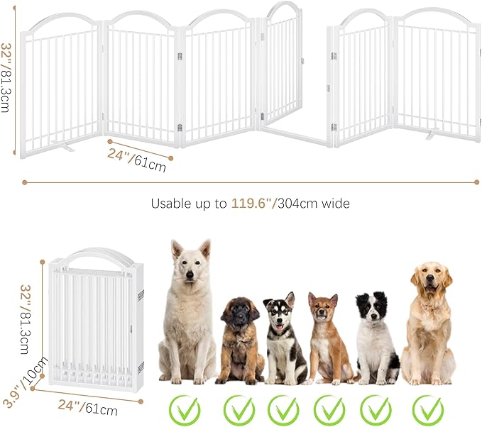 BHG Metal No-Assembly Freestanding Dog Gate with Door Walk Through, Extra Wide 144", Extra Tall 32" Pet Gate, Accordion Puppy Folding Playpen Dog Fence, with 2PCS Support (White, 6 panesl)