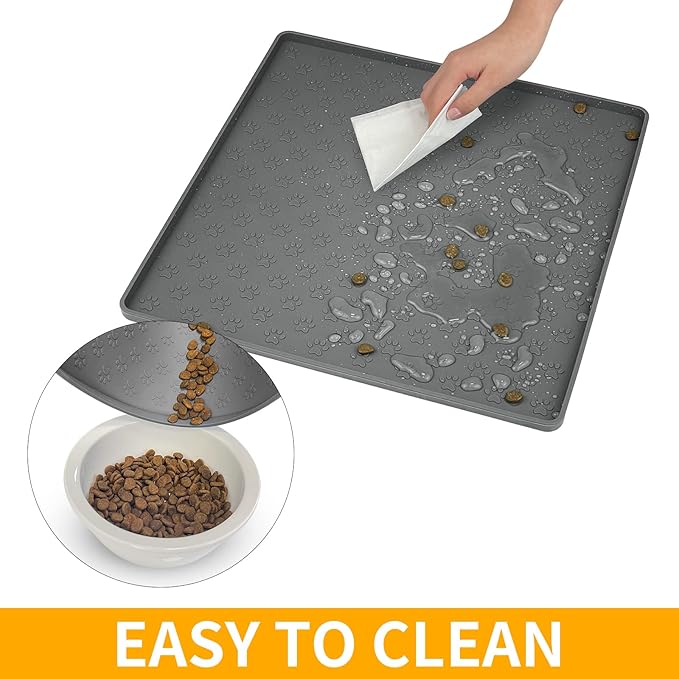 Ptlom Grey Pet Placemat for Dog and Cat, Waterproof Non-Slip Silicone Feeding Bowl Mat Prevent Food and Water Overflow, Puppy Dish Feeder Fountain Trays Suitable for Medium and Small Pets