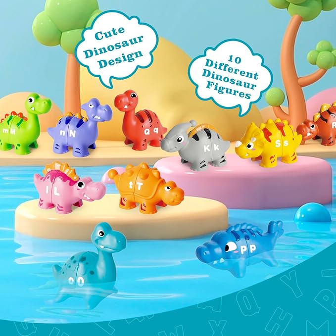 52 PCS Dinosaur Alphabet Learning Toys for Toddlers Kids 3-5, 10 Different Dinosaur Figures, Double Sided ABC Matching Game, Preschool Activities Montessori Fine Motor Toys for Toddlers Kids