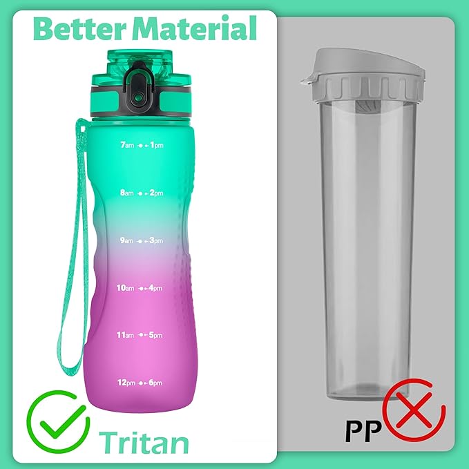 OLDLEY 25 oz Water Bottle, Motivational Water Bottle with Time Marker, Sports Water Bottle With Strap, Leakproof & BPA Free Large Water Bottles for School, Gym, Travel, Outdoor, Tritan,Green&Purple