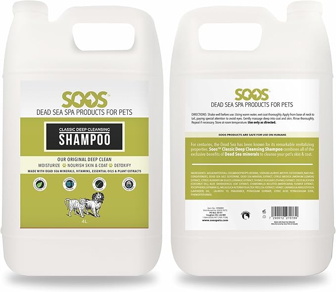 Soos Pet Classic Deep Cleansing Shampoo for Dogs and Cats Natural Dead Sea Minerals Fast Absorbing Coat with Vitamins Essential Oils Natural Ingredients - 1x (4L Gallon)