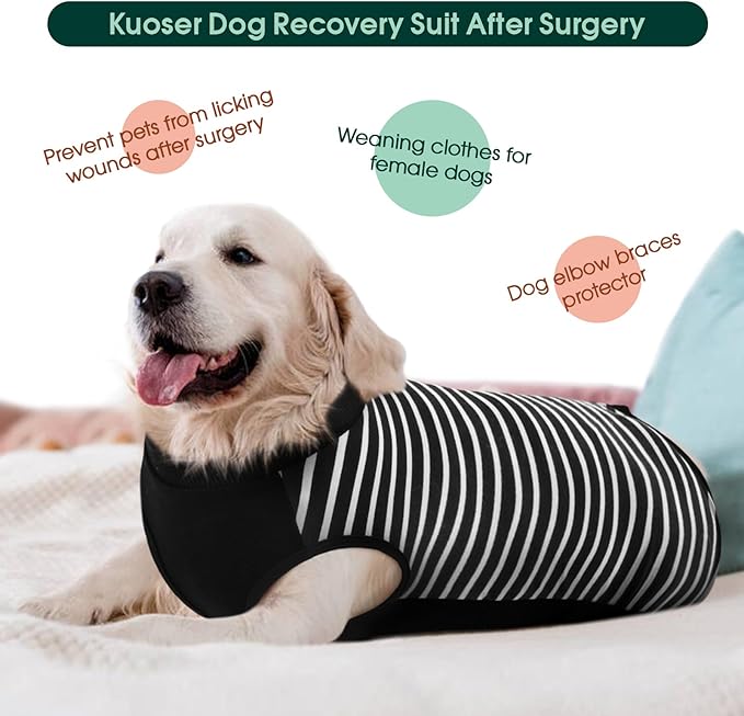 Kuoser Dog Recovery Suit, Anti Licking Dogs Rear Leg Sleeve, Abdominal Dog Surgical Suit with Pants Cover Protect Wounds, Dogs Elbow Protector Soft Pet Surgery Onesie Cone Alternative, Black 4XL