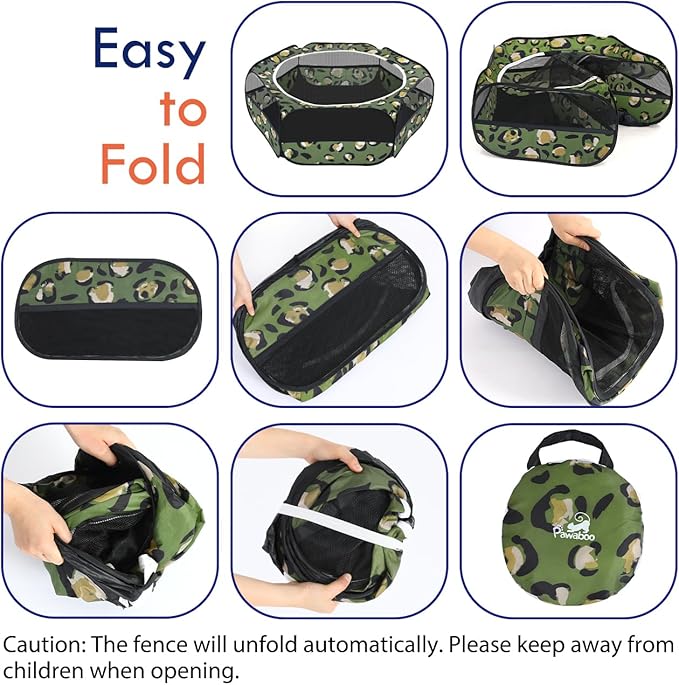Pawaboo Small Animals Playpen, Waterproof Small Pet Cage Tent with Zippered Cover, Portable Outdoor Yard Fence with 3 Metal Rod for Chick/Kitten/Puppy/Guinea Pig/Rabbits/Hamster, Leopard Print