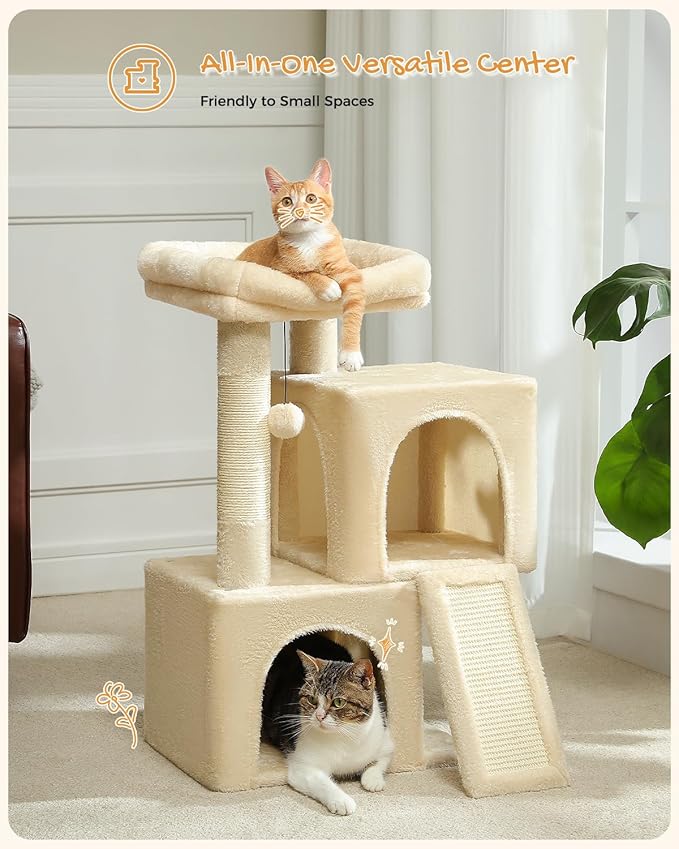 PAWZ Road Cat Tree, 30 Inches Cat Tower with Dual Condos for Indoor Cats, Plush Cat House with Padded Perch, Scratching Ramp and Posts and Replaceable Balls-Beige
