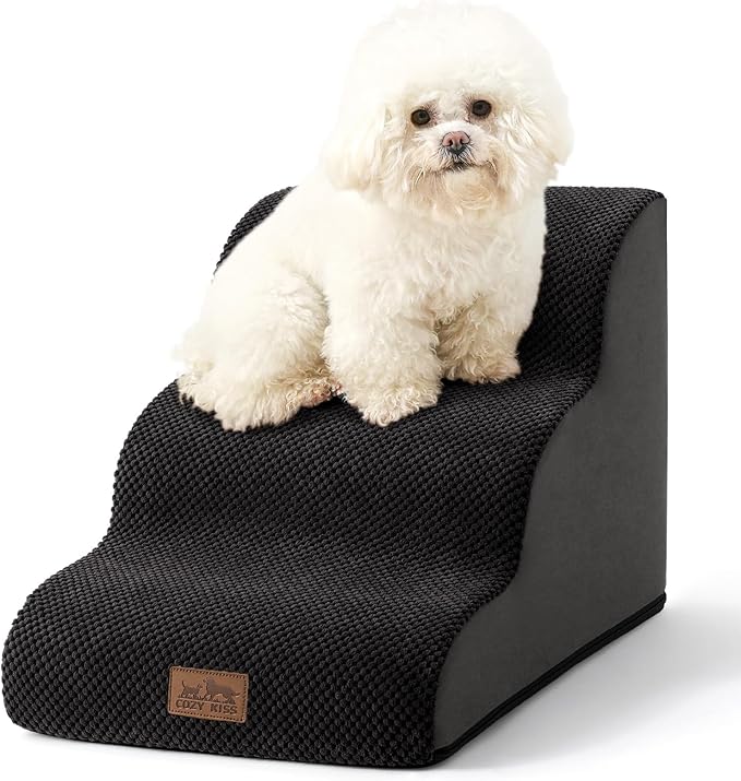Dog Stairs for Small Dogs 15.7" H, Curved Dog Step for Puppy, Older Cat, Medium Pet Ramp for Sofa, Couch or Bed, Ladder with High Density Foam, 15.7x22.4x15.7 inch, 3 Step, Black