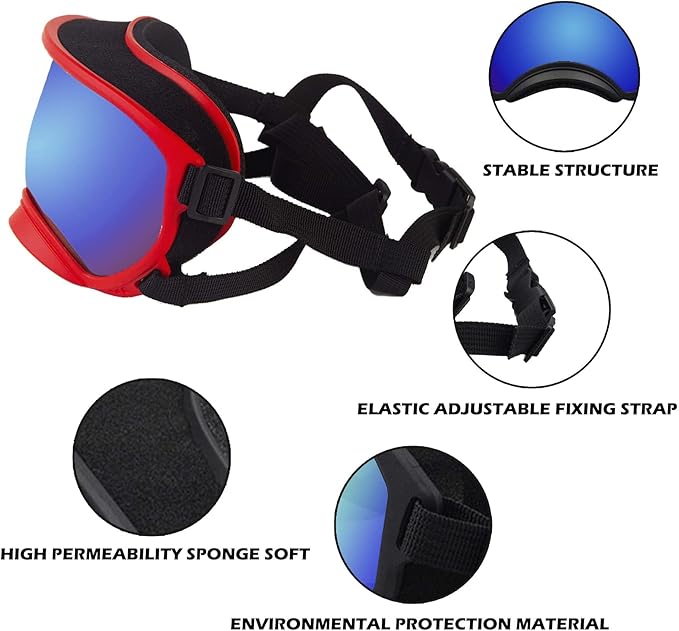 Large Dog Sunglasses with Adjustable Strap UV Protection, Winproof Puppy Sunglasses, Suitable for Medium-Large Pet Glasses, Dogs Eyes Soft Goggles, RedBlue