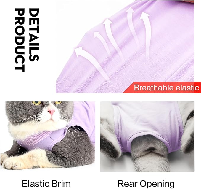 DOTON Cat Recovery Suit for Male and Female Surgical Post Surgery Soft Cone Onesie Shirt Clothes Neuter Licking Protective Diapers Outfit Cover Kitten Spay Collar(M, Purple)