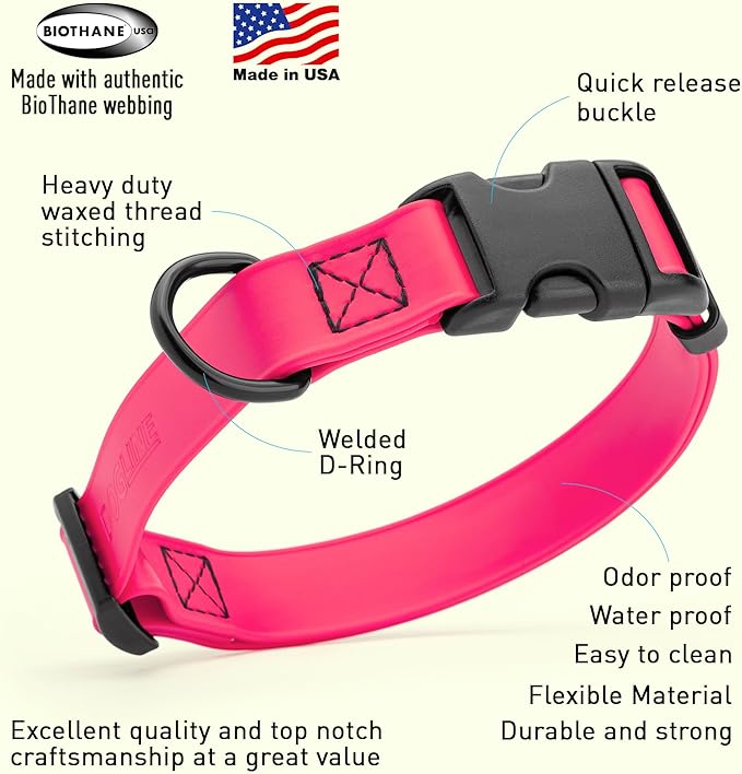 Dogline Biothane Waterproof Dog Collar with Quick Release Buckle Strong Coated Nylon Webbing with Odor- Proof for Easy Care Easy to Clean Fits Small Medium or Large Dogs, Pink 1" W 15-23" L
