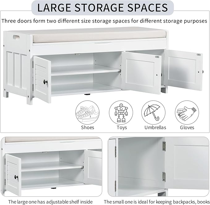 Storage Bench with 3 Shutter-Shaped Doors, Pine Wood Shoe Bench with Removable Cushion and Hidden Storage Space for Living Room, Entryway 43.5" L x 16" W x 18" H (White)