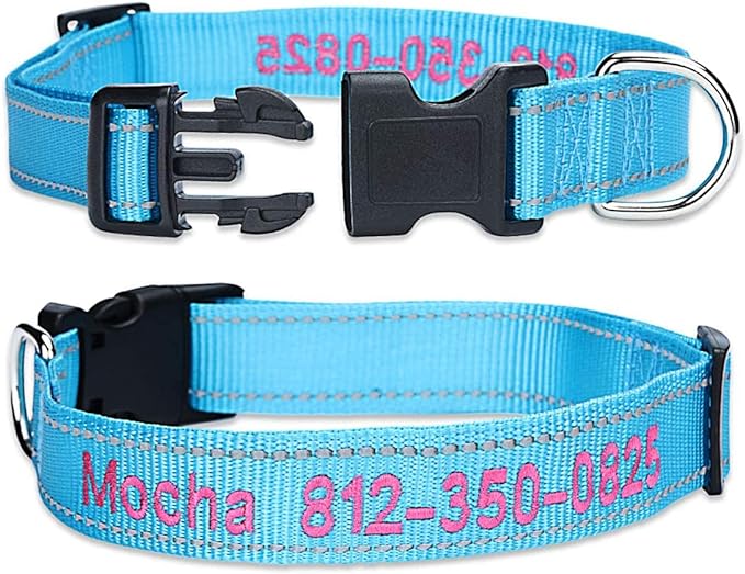 Personalized Dog Collar, Custom Embroidered Pet Name and Phone Number 4 Adjustable Sizes X-Small Small Medium Large Quick Release Buckle and D-Ring