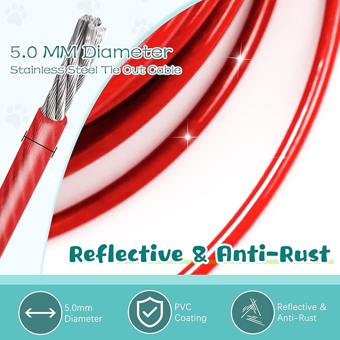Red Chew Proof 30FT Dog Tie Out Cable, Heavy Duty Dog Lead for Yard & Camping
