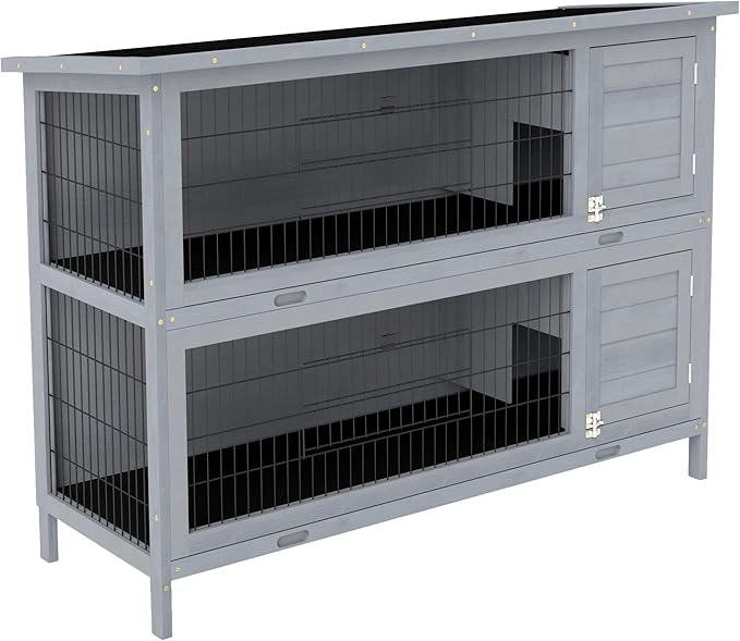 PawHut 54" 2-Story Large Rabbit Hutch Bunny Cage Wooden Pet House Small Animal Habitat with Lockable Doors, No Leak Tray and Waterproof Roof for Outdoor/Indoor Grey