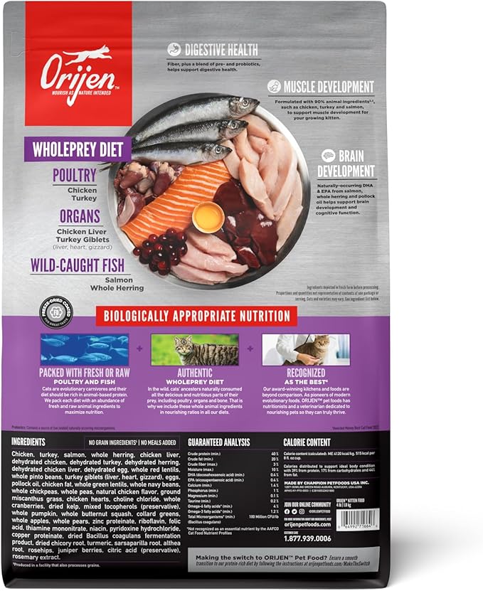 ORIJEN Grain Free High Protein Premium Dry Cat Food Kitten Recipe 4lb Bag