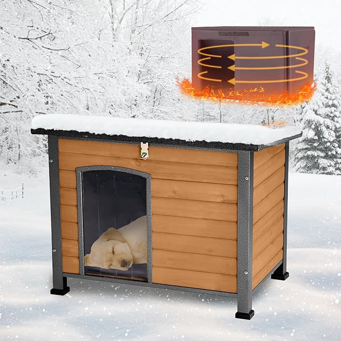 Feral Dog House Outdoor,Anti Bite Iron Frame Dog Kennel,Wood Warm Pets Home,Insulated Weatherproof Outside Shelter for Feral Animal (33.5"(L)×22"(W)×25.2"(H)-Brown-in)