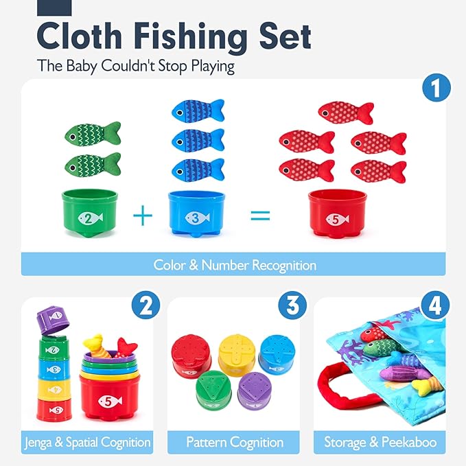 hahaland Montessori Toys for 1 Year Old - 10 in 1 Cloth Toddler Fishing Game with Stacking Cups, Baby Toy 12-18 Months One Year Old Boy Birthday Gift, Toddler Toys for 1 2 Year Old Boy Girl Gifts