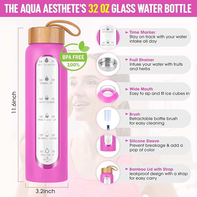 Aqulea Glass Water Bottles 32 Oz with Silicone Sleeve - BPA Free Reusable Wide Mouth Glass Motivational Water Bottles with Fruit Infuser – Leak Proof Borosilicate Water Bottle with Time Marker (Rose)