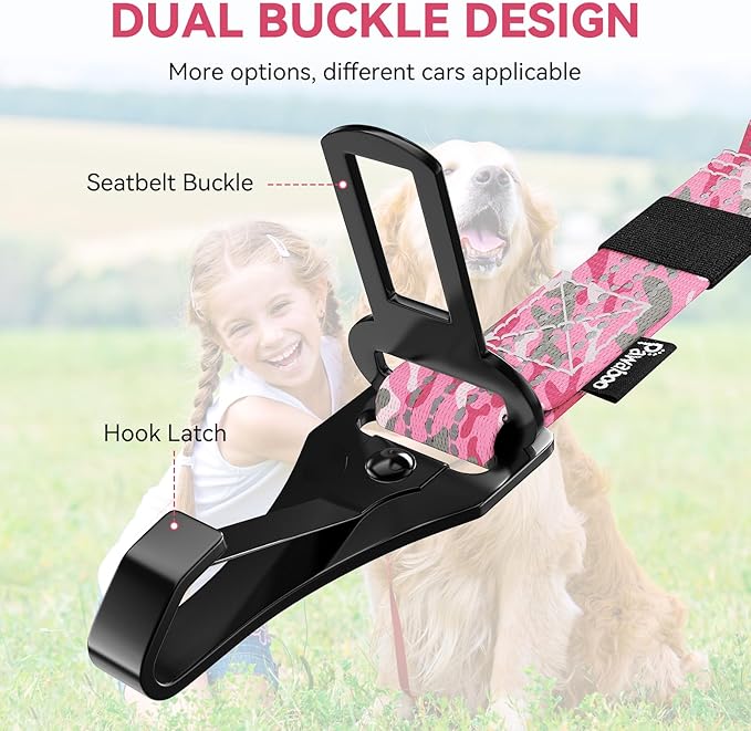 Pawaboo 2Pack Dog Seatbelt for Car, Dog Car Seat Belt Bungee, Dogs Tether for Cars with Buckle & Hook Latch, Adjustable Reflective Dogs Cars Harness Leash with 360° Lockable Buckle, Pink Camouflage