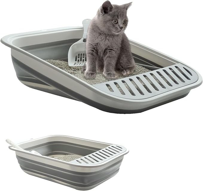 Low Entry Kitten Litter Box, Collapsible Shallow Litter Box Senior Cats Anti-Splashing Kitty Training Open Potty Pan Scoop Leak-Proof Pedal Cat Toilet No Smell Easy Clean