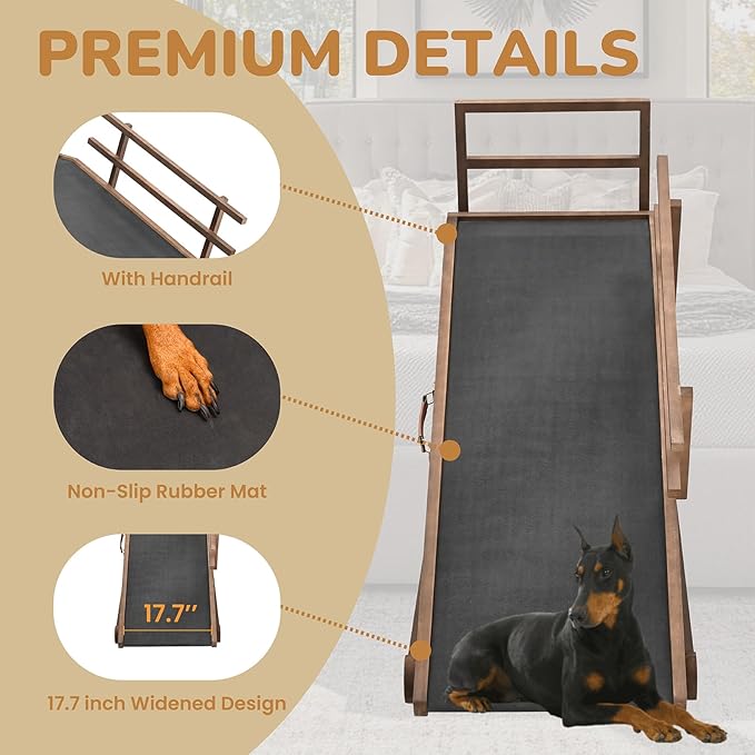 Dog Ramp for Bed, 5 Level Adjustable Dog Ramp for High Beds, Upgrade Rubber Mat High Traction Ramp with Safety Rails, Folding Pet Ramp for Bed, Couch,SUV, Natural Wood Pet Ramp for Small & Old Dogs