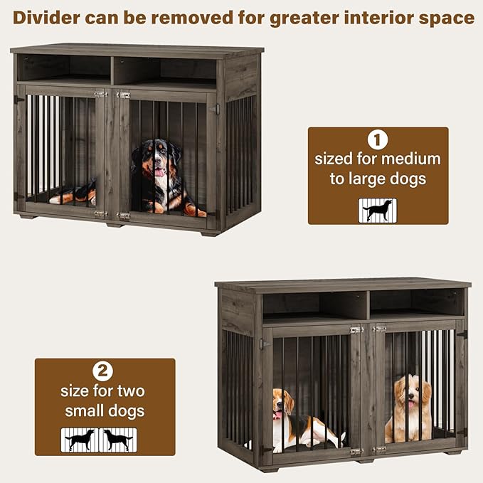 Furniture Dog Crate for 2 Dogs, 41 Inch Dog Kennel Furniture with Removable Divider and Shelf Storage, Wooden Dog Crate for Small/Medium Dogs, Grey