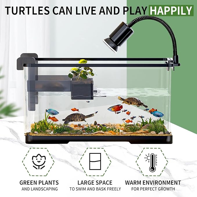 (Tank + Light + Filter + Filter Balls) Turtle Tank Kit, Turtle Tank Starter Kit,Bottom Drainage, Multi-Function Areas for Turtles, Crabs,Fishes, Amphibians,Reptiles. (21.65 × 12.28 × 12.28 Inch)
