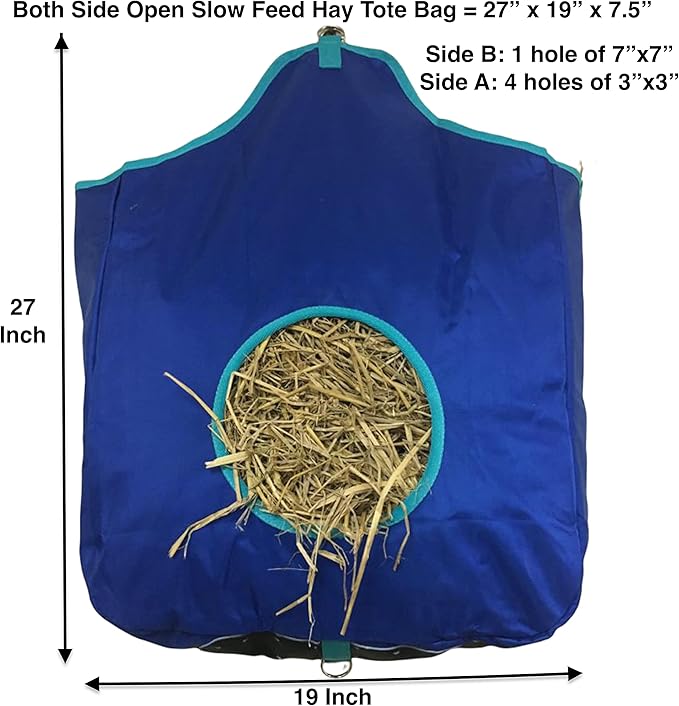 Majestic Ally Nylon Hay Feeder Tote Bag for Horse, Goat, Sheep - Double Sides Open Feed Hole with Faux Leather Ventilated Bottom- Premium Quality -Simulates Grazing - Reduces Waste (Royal Blue)