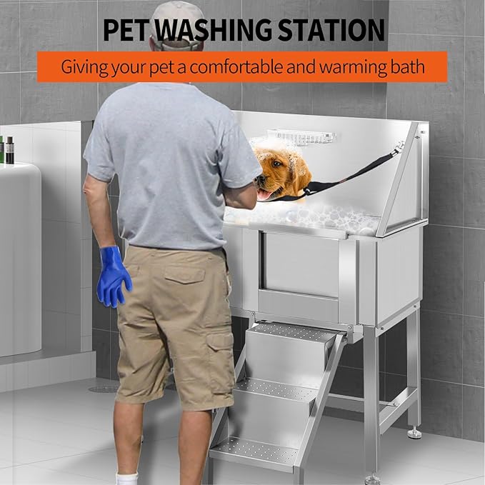 Dog Washing Station 38'' Stainless Steel Pet Grooming Tub for Large Dogs Over-Size Professional Dog Grooming Bathtub Station Wash Shower Sink Pet Grooming Bathtub Station,Right Door