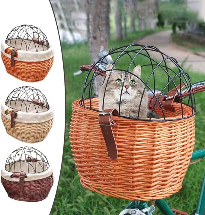 Bike Pet Basket, Wicker Bike Basket for Small Dogs Cats Pet Carrier Front Basket with Wire Mesh Cover and Lid, Wicker Basket for Dogs and Cats, Rattan Storage Basket, 11.81 * 9.84 inch (A)