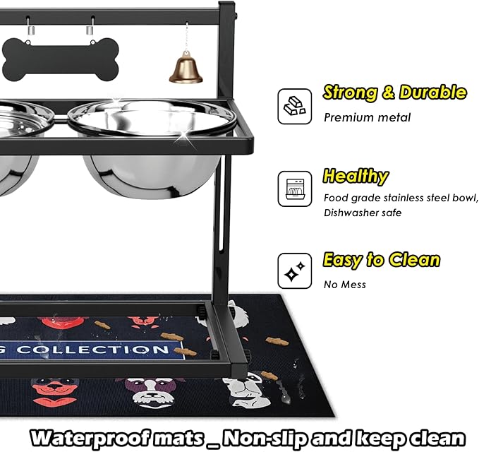 SHAINFUN Elevated Dog Bowls with Slow Feeder & Spillproof Mat, Raised Dog Bowl Stand with 2 Stainless Steel Food Water Bowls, Adjustable Height Stand for Large Medium Breeds