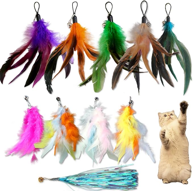 LogFaadCoi 10-Pack of Vibrant Feathered Cat Toy Refills: Perfect Wand Attachments for Indoor Cats, Enhance Your Pet's Playtime with These Exciting Replacement Feather Cat Toys