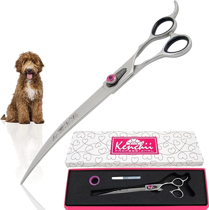 Kenchii Love Dog Grooming Scissors, 9 Inch Curved Shears, Dog Scissors for Grooming, Professional Pet Grooming Scissors