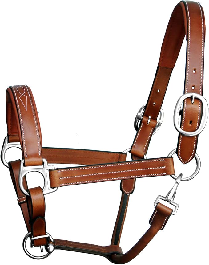 Exion Leather Horse Halter with Fancy Stitching | Black & Brown Padded Halter with Silver Brass Hardware | Quick-Release Snap | Adjustable Leather Halter – Cob, Full, Over, Pony Sizes