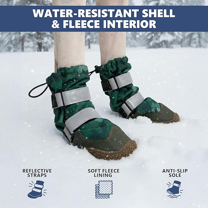 Spark Paws Dog Shoes, Waterproof Dog Boots for Medium to Large Dogs, Non Slip, Breathable Dog Booties and Paw Protectors - 4PCS Doggie Hiking Boots with Reflective Straps, Green Camo, Size 3