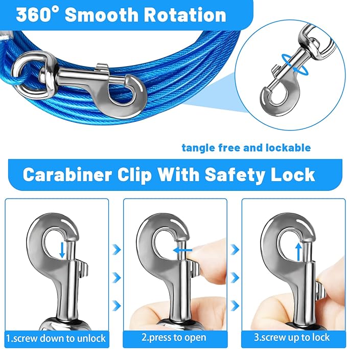 Dog Tie Out Cable - 10/15/20/25/30 FT Blue Steel Wire Cable with Durable Clips - Large Dog Lead for Outside Use - Up to 165 lbs