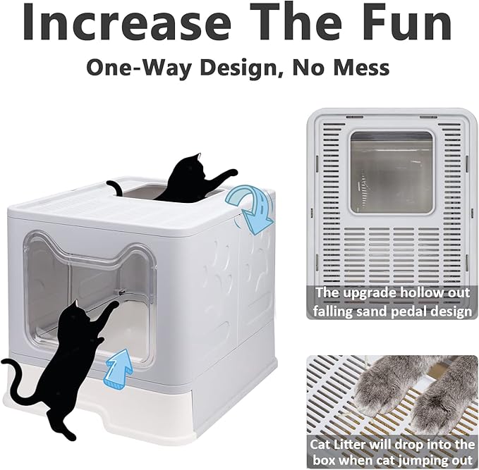 Foldable Cat Litter Box with Lid, Enclosed Potty, Large Top Entry Anti-Splashing Toilet, Easy to Clean Including Litter Scoop and 2-in-1 Cleaning Brush (Grey)