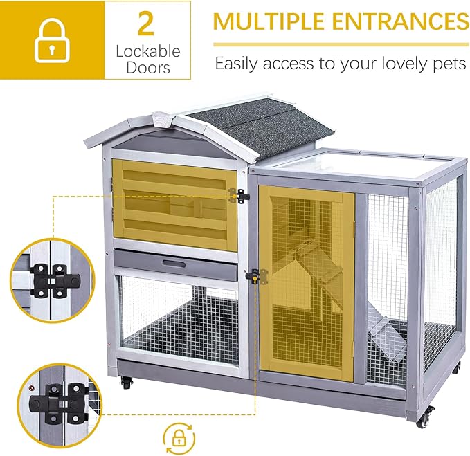 GEGURI Rabbit Hutch Indoor Rabbit Cage Outdoor, Wooden Bunny Cages for Guinea Pig with Wheels, Removable Tray, Ramp