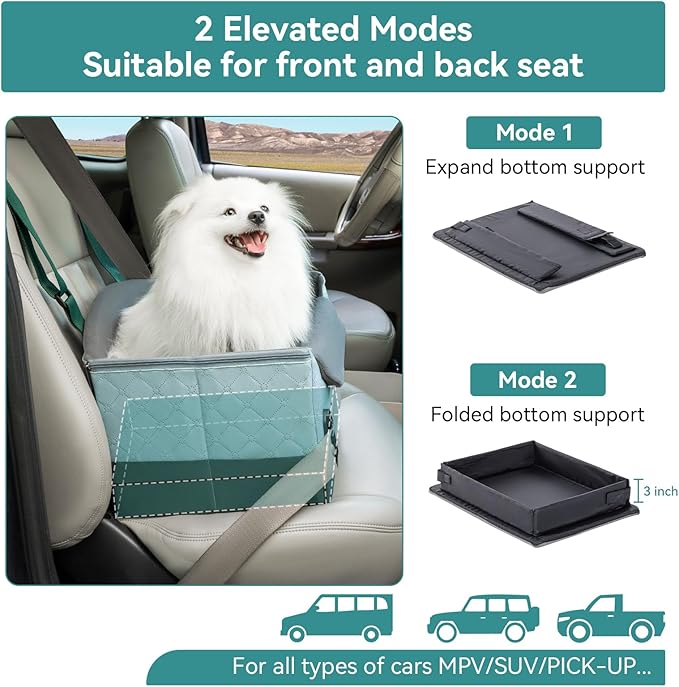 A 4 Pet Dog Car Seats for Small Dogs, Booster Car Seat with Patent Buckles & Clip-On Safety Leash, Pet Seat for Puppy Small Dogs Cats Under 25 Lbs, Green