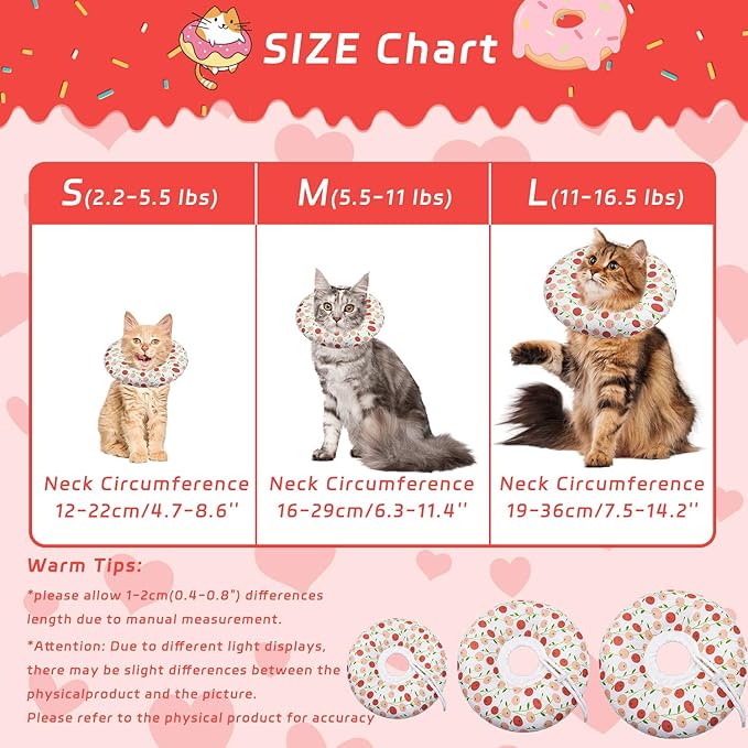 Cat Cone Collar Soft, Adjustable Cat Recovery Collar for Small Medium Large Cats, Cute Donut E Collar After Surgery, Anti-Lick Wound Healing Elizabethan Collar for Kittens(Pink Cherry, Medium)