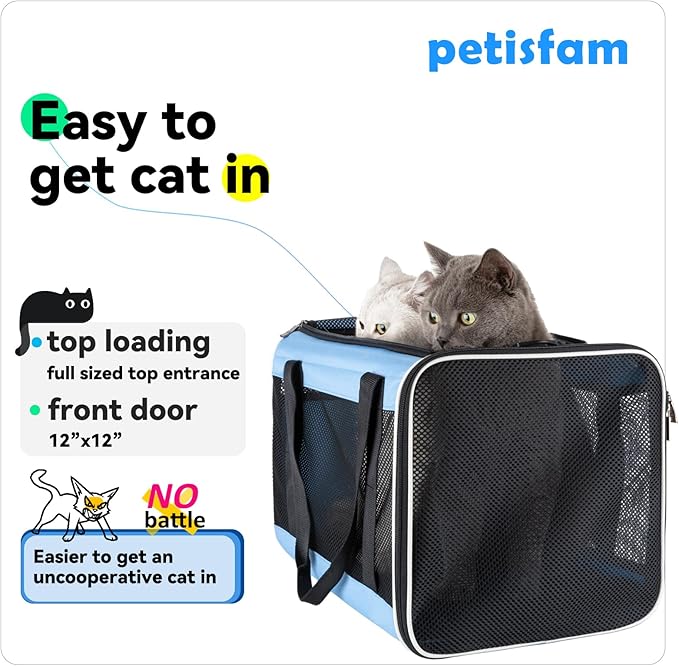 petisfam Soft Pet Carrier for Large and Medium Cats, 2 Kitties, Small Dogs. Easy to Get Cat in, Great for Cats That Don't Like Carriers (Blue)