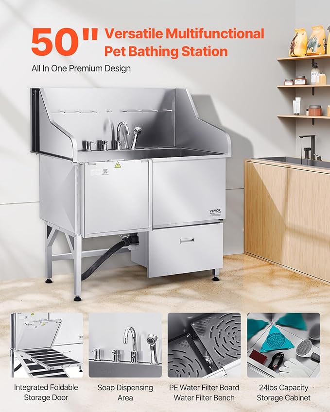 VEVOR Professional 304 Stainless Steel Dog Bathing Station, 50 inch Pet Grooming Tub w/Anti-Slip ramp, Storage Drawer, Cold Hot Faucet Showerhead, for Large & Medium & Small (Left Door, with Drawer)