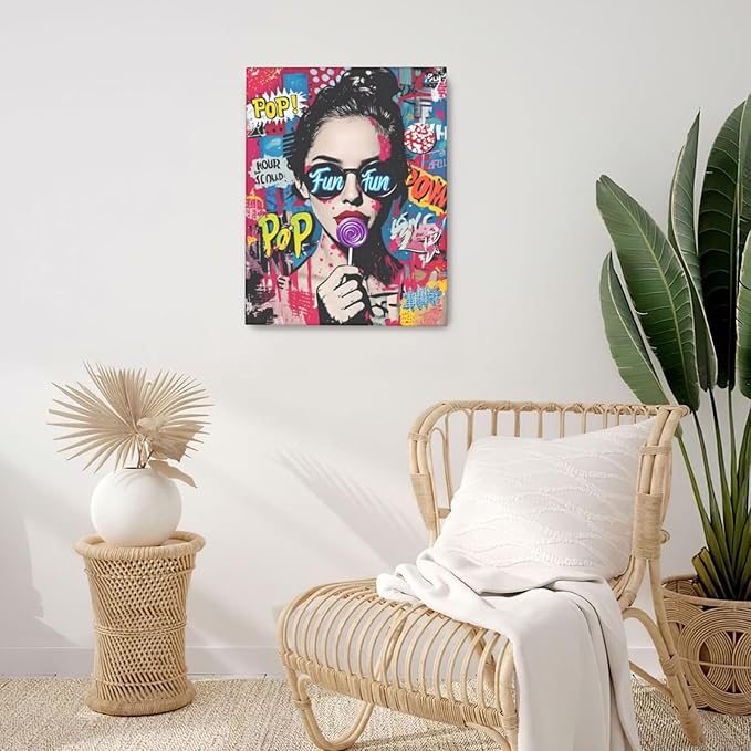 Fashion Women Wall Art Glam Modern Artwork for Girls Banksy Street Graffiti Pop Art Canvas Pictures Painting Print Framed Decorations Gifts for Bedroom Living Room Office 16"x20"