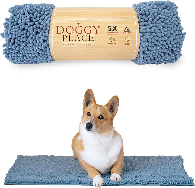 My Doggy Place Medium Faded Denim Microfiber Dog Mat, 31" x 20", Absorbent and Quick-Drying, Non-Slip Rubber Backed, Machine Washable