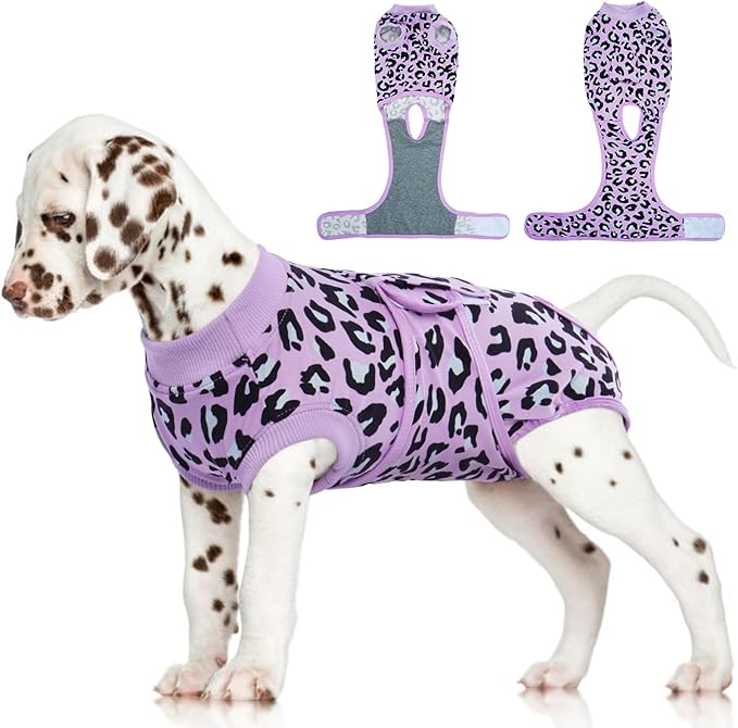 FUAMEY Recovery Suit for Dogs After Surgery,Soft Breathable Dog Bodysuit E-Collar & Cone Alternative Surgical Suit,Male Female Dog Neuter Spay Suits Anti Licking Wounds Onesie Purple Leopard S